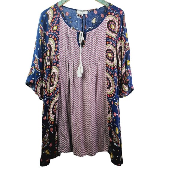 Umgee Tunic Top with Rope Tie, Chevron, Millefiori, Paisley Print Top, Sz M - Picture 1 of 8